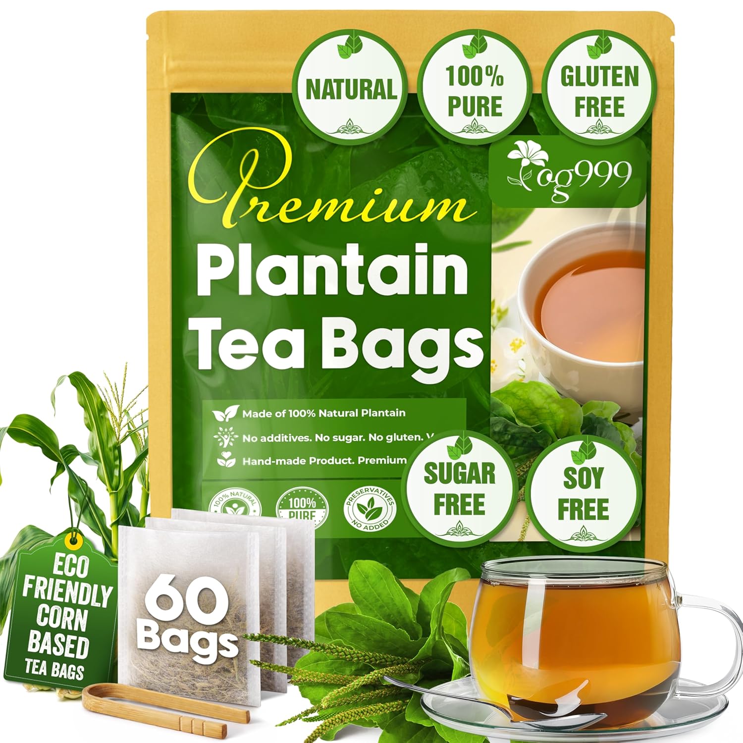 Plantain Leaf Tea Bags, 100% Natural & Pure Plantain Leaves. Loose Leaf Plantain Herbal Tea. Plantain Leaf Tea. No Sugar, No Caffeine, No Gluten, Vegan.