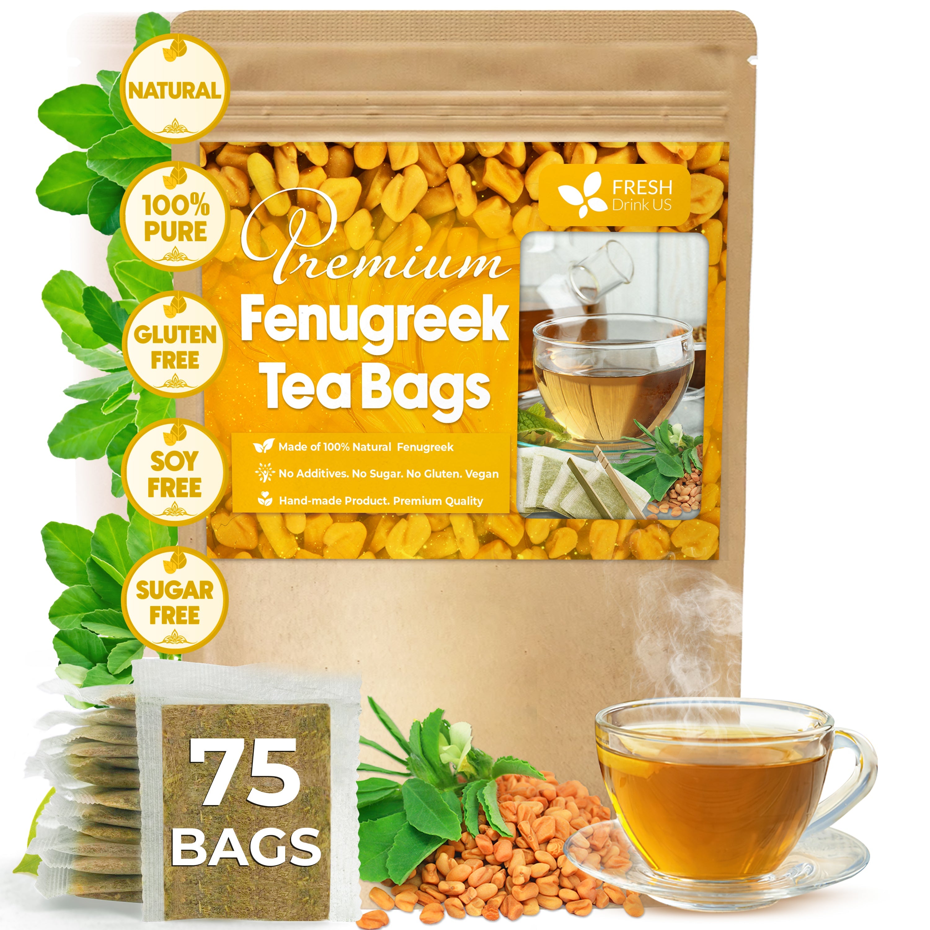 Premium Fenugreek Tea Bags. No Sugar, No Caffeine, No Gluten, Vegan. (30 Tea Bags)