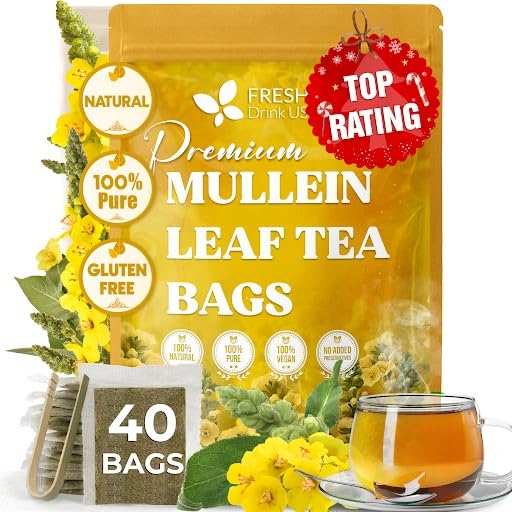 Mullein Leaf Tea Bags, 100% Natural & Pure from Mullein Leaves. Loose Leaf Mullein Herbal Tea. Made with Natural Material Tea Bags. No Sugar, No Caffeine, No Gluten, Vegan.