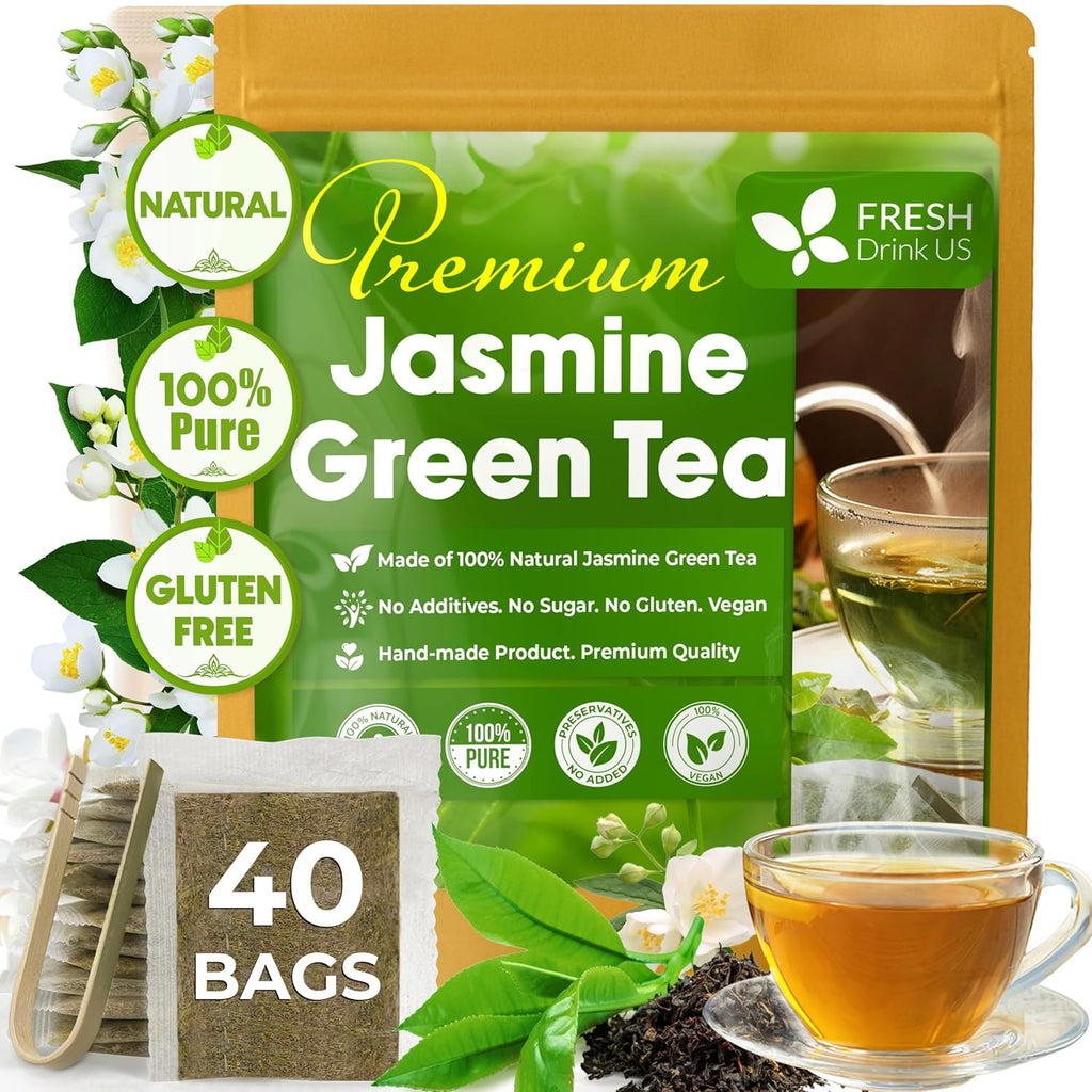 Premium Jasmine Green Tea Bags. Jasmine Green Herbal Tea. Made with Natural Material Tea Bags. No Sugar, No Gluten, Vegan.