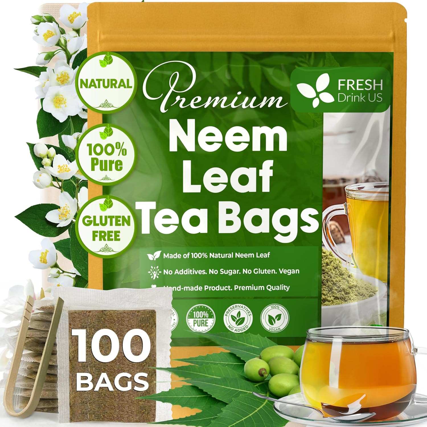 Neem Leaf Tea Bags, 100% Natural and Pure from Neem Leaves. Loose Leaf Neem Herbal Tea. Neem Leaf Tea. No Sugar, No Caffeine, No Gluten, Vegan.