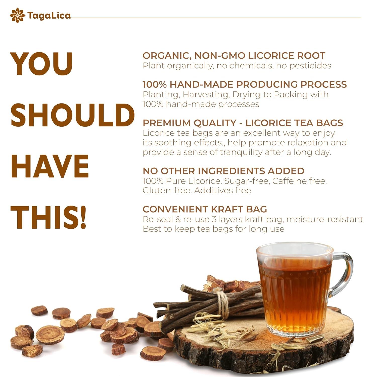 Premium Licorice Root Tea Bags, 100% Natural, Pure Licorice Root, Eco-Conscious Tea Bags, Licorice Root Herbal Tea, Licorice Root Tea. No Sugar, No Caffeine, No Gluten, Vegan