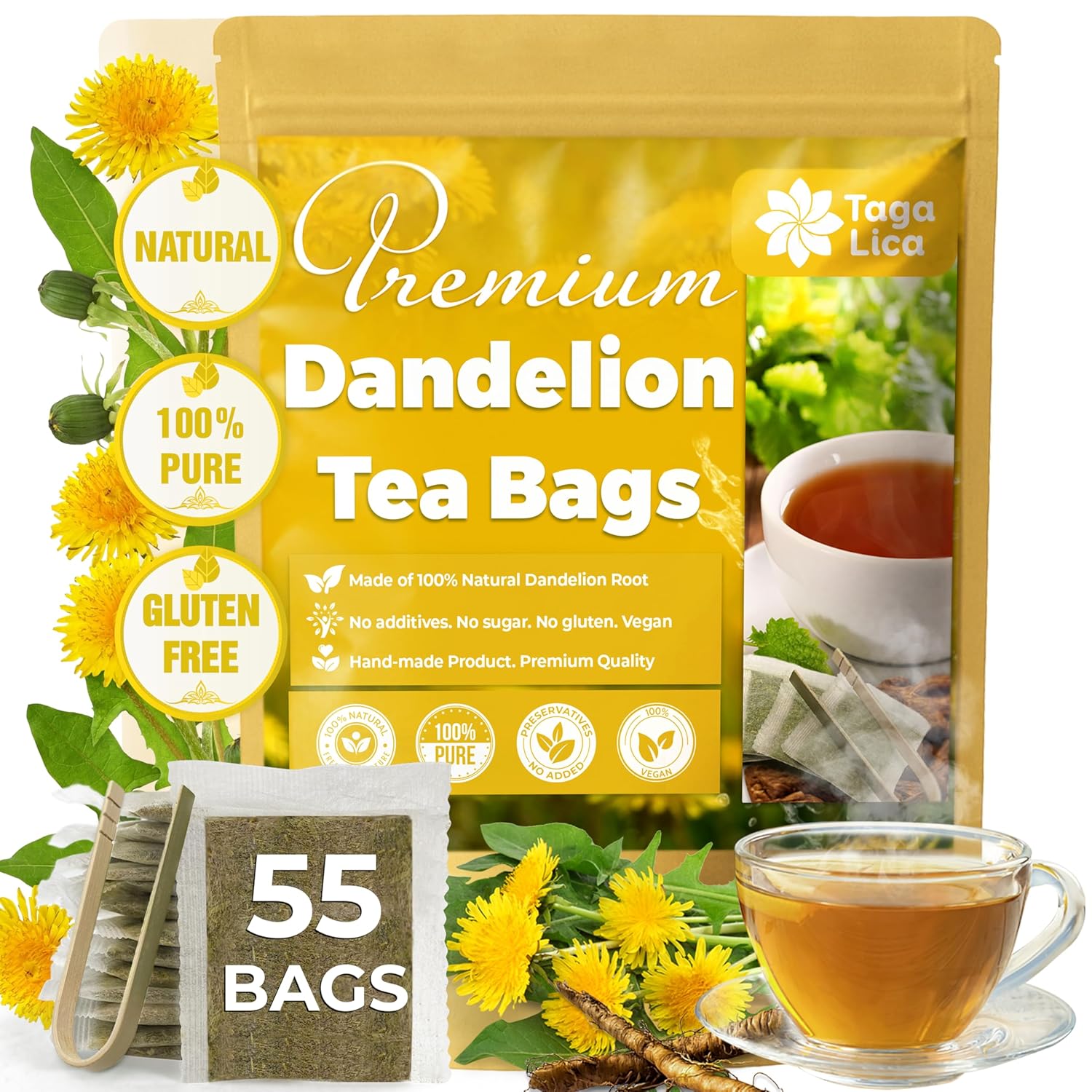 Dandelion Root Tea Bags, 100% Natural & Pure from Dandelion Root, Eco-Conscious Tea Bags, Dandelion Root Herbal Tea. Dandelion Root Tea. No Sugar, No Caffeine, No Gluten, Vegan.