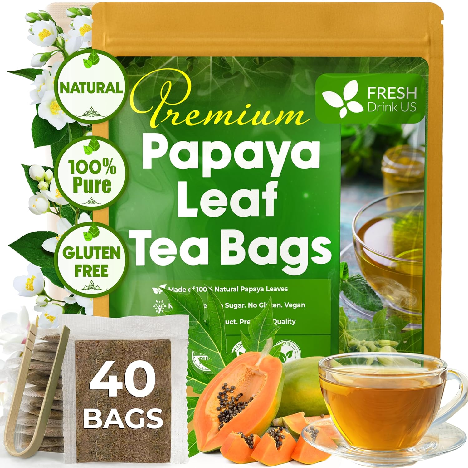 Premium Papaya Leaf Tea Bags, Made with Natural Material Tea Bags. No Sugar, No Caffeine, No Gluten, Vegan.