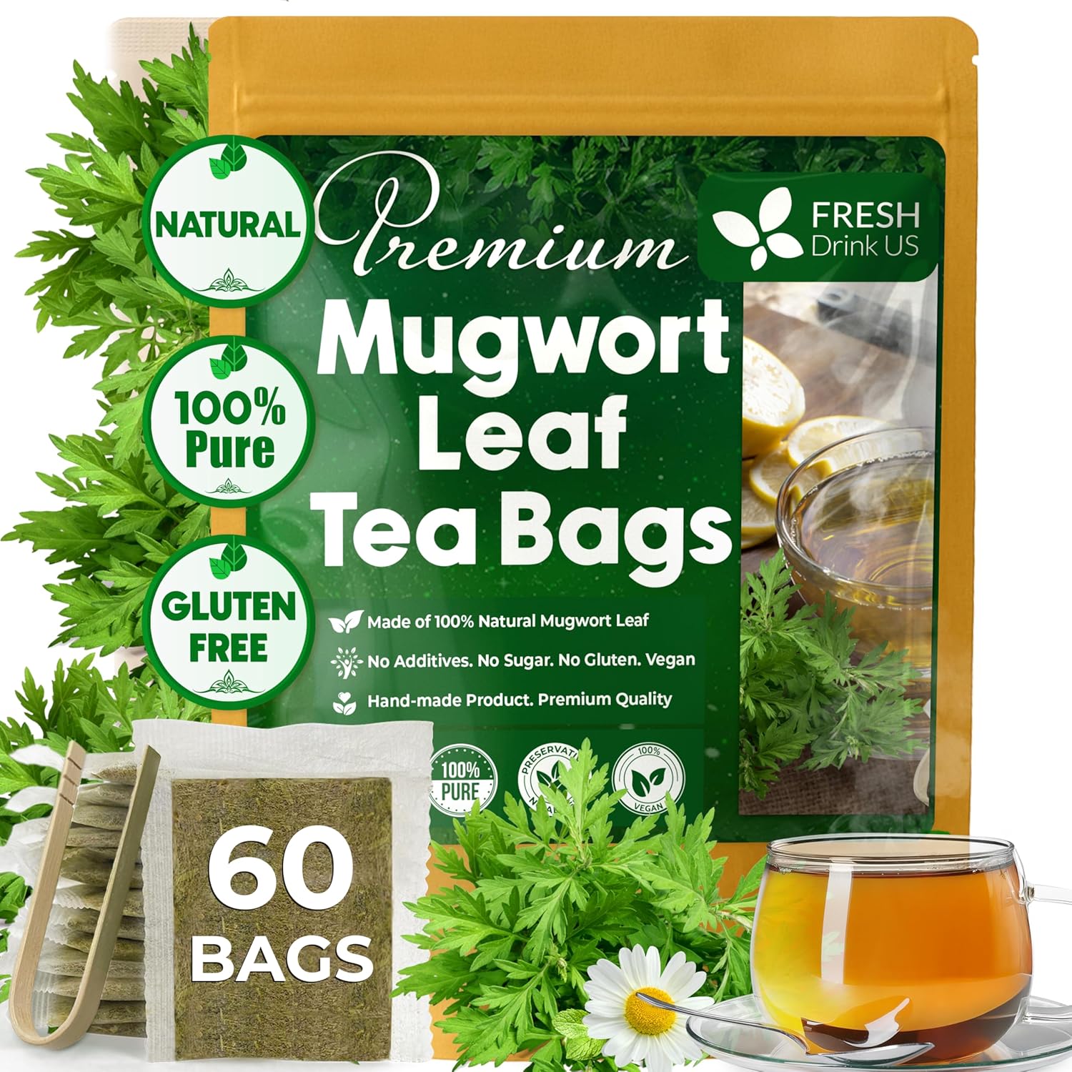 Mugwort Leaf Tea Bags, 100% Natural and Pure Mugwort Leaves, Loose Leaf Mugwort Herbal Tea, Mugwort Leaf Tea, No Sugar, No Caffeine, No Gluten, Vegan.