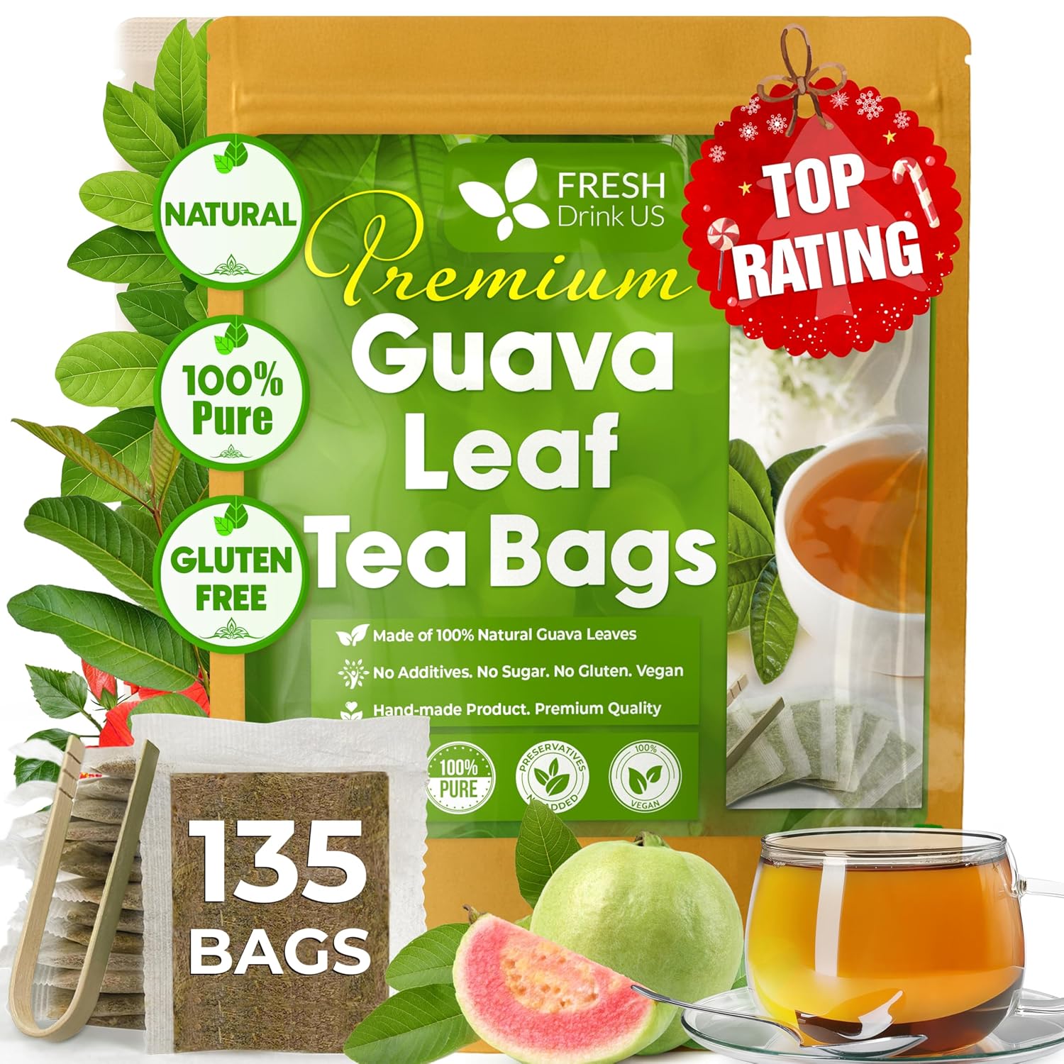 Natural Guava Leaves, Whole Dried Leaves, Cut-and-Sifted Guava leaves, 100% Pure from Guava Leaves, Natural Guava Loose Leaf Herbal Tea, No Additives, No Caffeine, Vegan